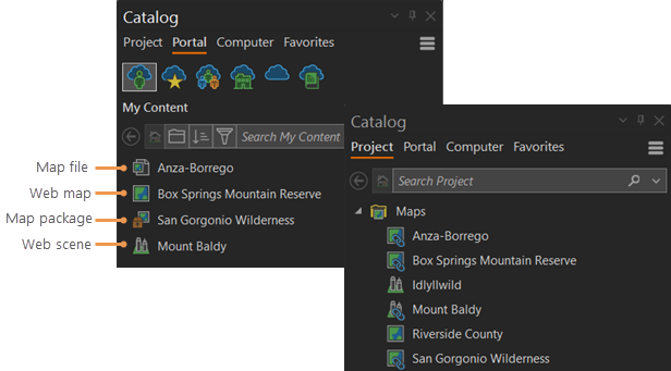 Elementos del portal en la pestaña Portal y mapas correspondientes en la pestaña Proyecto del panel Catálogo