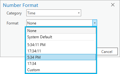 Opciones de formato de ArcGIS Pro para el tipo de datos solo hora