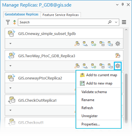 Las opciones disponibles para las réplicas de geodatabase con el botón Opciones