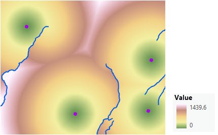 Mapa de distancia en línea recta desde cuatro estaciones de guardabosques y distancias de superficie Mapa de distancia en línea recta desde cuatro estaciones de guardabosques y distancias de superficie