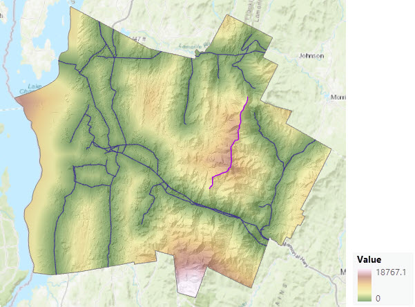 Mapa de distancia en línea recta ajustado con barreras y un ráster de superficie Mapa de distancia en línea recta ajustado con barreras y un ráster de superficie
