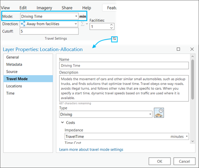 El atributo de coste TravelTime almacena el valor de impedancia en minutos. El atributo de coste TravelTime almacena el valor de impedancia en minutos.