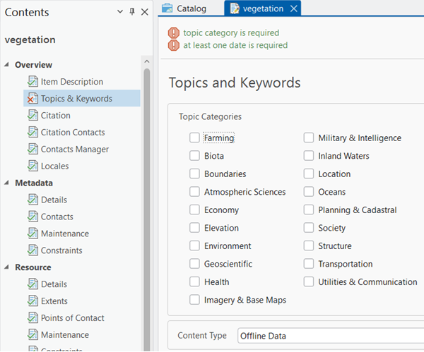 El editor de metadatos clásico de ArcGIS Pro puede tener muchas páginas en el panel Contenido y mostrar reglas de validación en la parte superior de cada página.