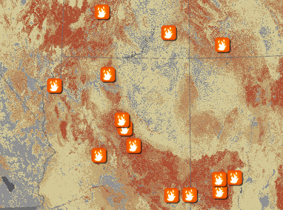 Mapa del suroeste de los Estados Unidos en la que se utiliza simbología de símbolo único para representar las ubicaciones de los incendios activos Mapa del suroeste de los Estados Unidos en la que se utiliza simbología de símbolo único para representar las ubicaciones de los incendios activos