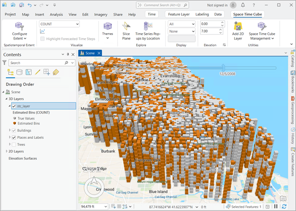 El tema de visualización de Bins estimados aplicado a un cubo de espacio-tiempo.
