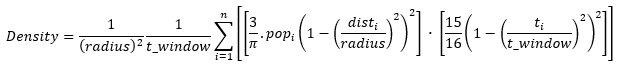 Densidad de kernel espaciotemporal a través del tiempo sobre la ecuación x,y