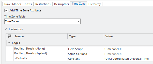 Captura de pantalla de la configuración del atributo de zona horaria con un evaluador de script de campo