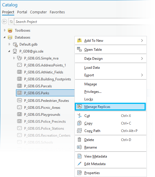 Menú de contenido Administrar réplicas al que se accede desde un dataset