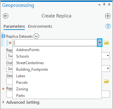 Menú desplegable Datasets de réplica