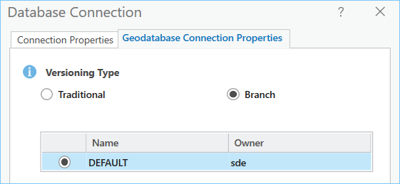 Propiedades de conexión a geodatabase para versionado en rama