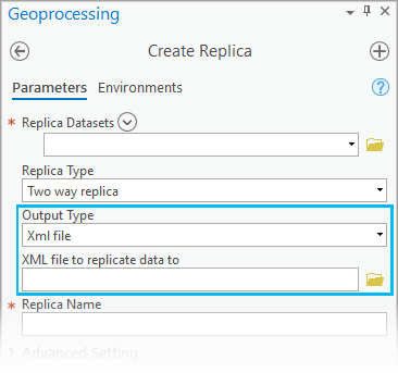 En la herramienta de geoprocesamiento Crear réplica, establezca Tipo de Salida en Archivo XML.