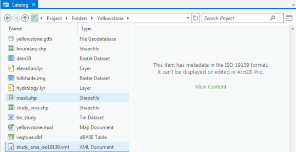 Cuando los metadatos no son metadatos de ArcGIS, un mensaje indica el formato.