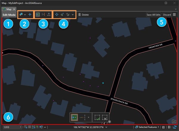 Mapa en el modo Edición con la barra de herramientas Vista de mapa marcada.