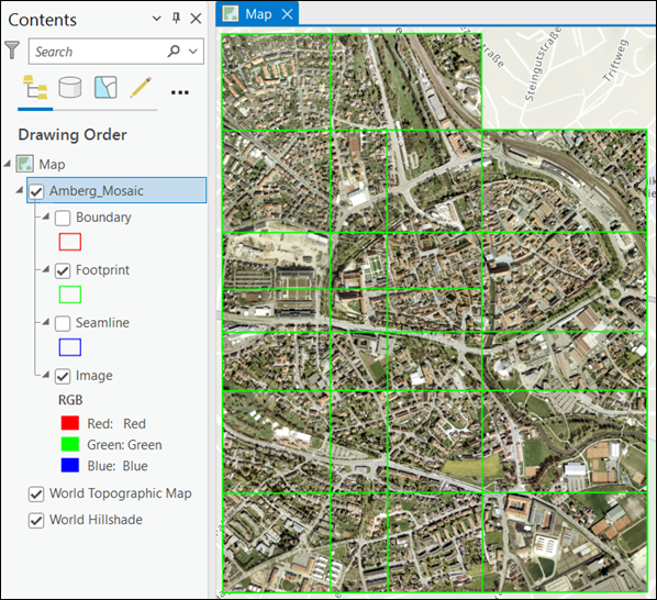 Dataset de mosaico en el mapa y enumerado en el panel Contenido