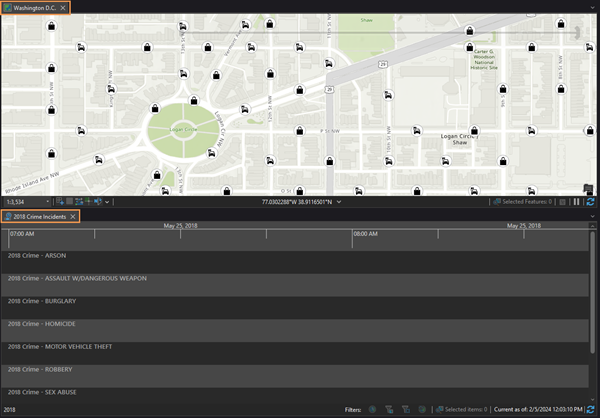 Vistas de mapa y línea temporal abiertas en ArcGIS AllSource