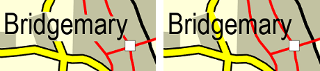 Comparación de un mapa con símbolos de carretera completamente enmascarados y símbolos de carretera con bordes enmascarados