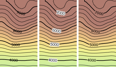 Tres vistas de la misma área del mapa con líneas de curvas de nivel negras y anotación sobre un gradiente continuo de tinte hipsométrico