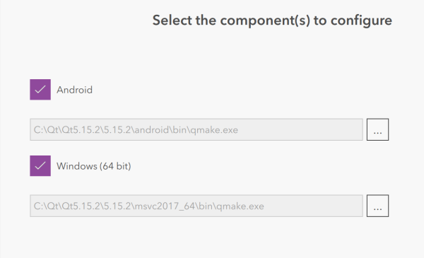 Herramienta de configuración con las plataformas seleccionadas y los ejecutables proporcionados