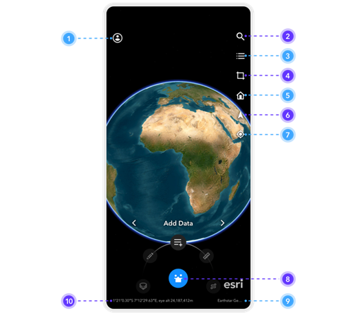 Interfaz de usuario de ArcGIS Earth en un dispositivo móvil