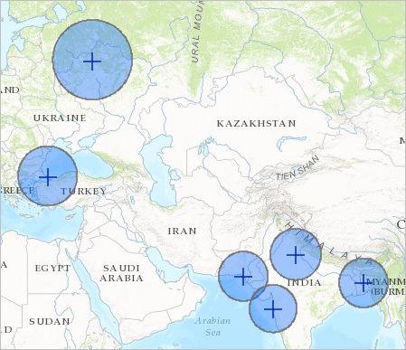 Zonas de influencia de 300 kilómetros mostradas en diferentes partes del mundo