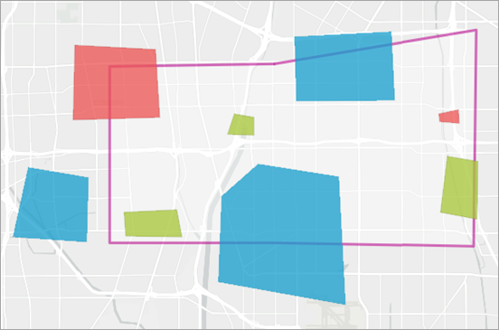 Polígonos de entrada de colores en rojo, azul y verde, y un solo polígono transparente con un contorno rosa