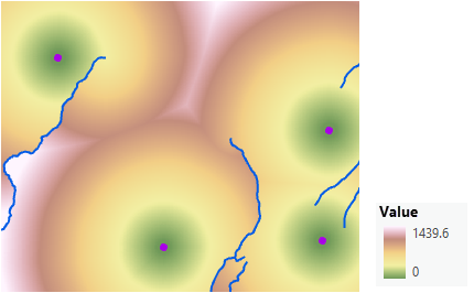 Mapa de la distancia en línea recta ajustada a las barreras y la distancia de superficie