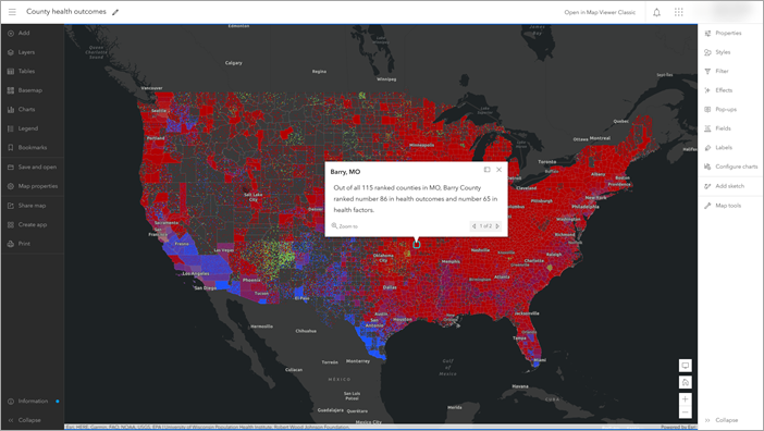 Mapa de resultados de la salud de los condados en el nuevo Map Viewer con las barras de herramientas Contenido y Configuración mostradas