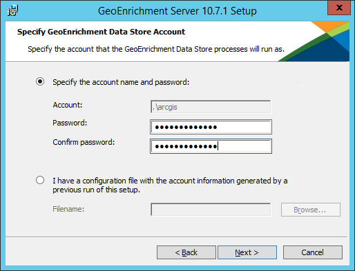 Specify GeoEnrichment Data Store account.