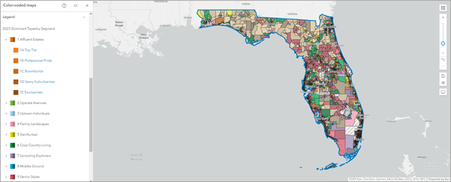 Mapa codificado por colores de los distritos censales de Florida