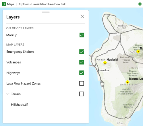 Mapa con Lava Flow Hazard Zones y Terrain desactivadas