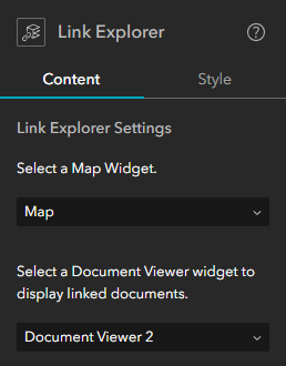 Widget Explorador de vínculos configurado en Mapa y Visor de documentos