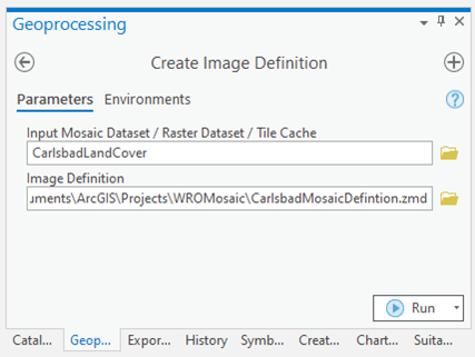 Herramienta Crear definición de imagen en el panel Geoprocesamiento