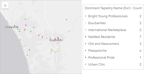 Mapa de valores únicos que muestra el potencial de ventas con símbolos únicos que representan los segmentos Tapestry