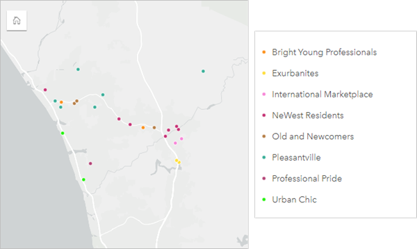 Mapa de valores únicos que muestra el potencial de ventas con símbolos únicos que representan los segmentos Tapestry