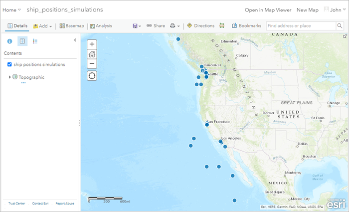 Posiciones de buques simuladas en un mapa web