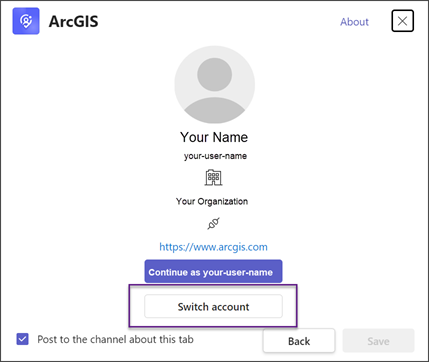 Mensaje de inicio de sesión de ArcGIS for Teams - Cambiar cuenta