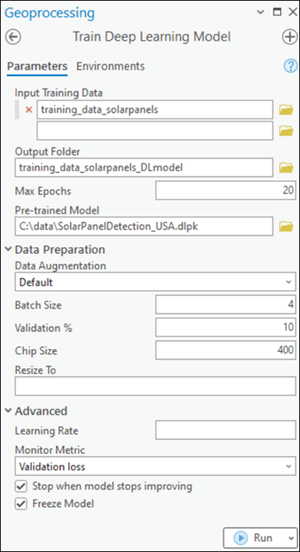 Parámetros de la herramienta Entrenar modelo de aprendizaje profundo