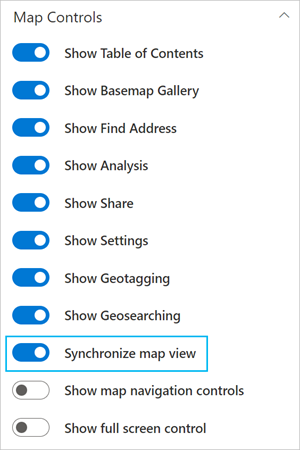 Botón de alternancia Sincronizar vista de mapa en la sección Controles de mapa del panel de ArcGIS