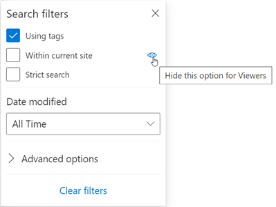 Botón Ocultar esta opción para los visualizadores en el panel Filtros de búsqueda