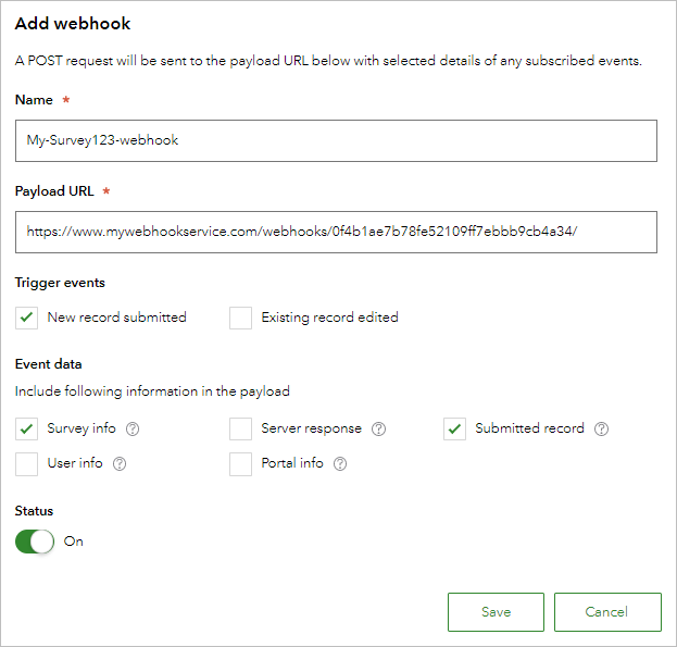 Página Agregar webhook en el sitio web de Survey123