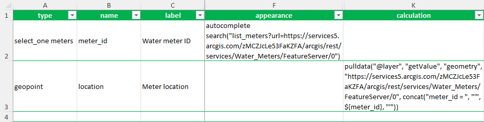 XLSForm con expresiones search() y pulldata("@layer")