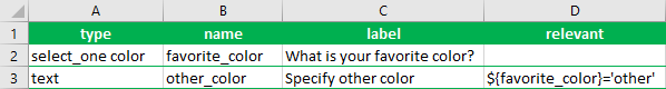 Expresión relevante para la pregunta de texto adicional en la hoja de cálculo survey