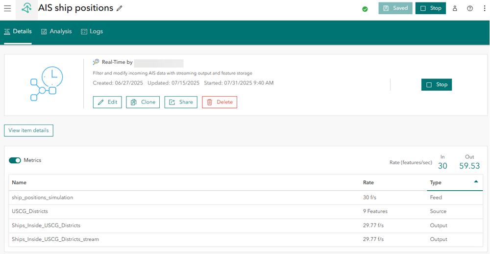 Página Detalles de análisis en tiempo real Página Detalles de análisis en tiempo real