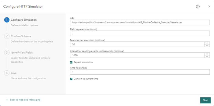 Parámetros de conexión de feed para el tipo de feed Simulador HTTP