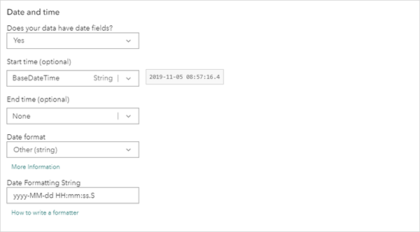 Parámetros de fecha y hora en el asistente de configuración del feed