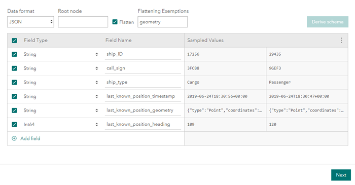 Página Esquema de confirmación resultante de JSON aplanado con campo de geometría excluido del aplanamiento