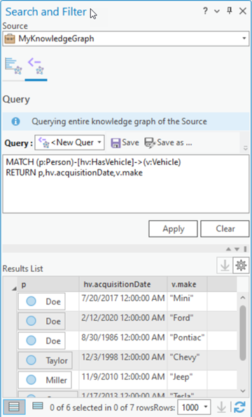 Interrogez le contenu d’un graphe de connaissances dans la fenêtre Search And Filter (Rechercher et filtrer).