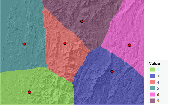 Carte d’allocation de distance identifiant la source de moindre coût pour chaque cellule