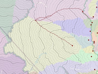 Carte des chemins au coût identique partant de la même direction mais menant à différentes sources