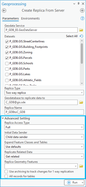 Champs Advanced Setting (Paramètres avancés) dans la boîte de dialogue de l’outil de géotraitement Créer un réplica à partir du serveur